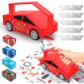 Christmas Gift Wrapping Paper Cutter - Car Shaped Design in Red with Merry Christmas Elements, Sliding Wrapping Paper Cutter with 5 Replaceable Blades, Perfect for Holiday Gift Wrapping