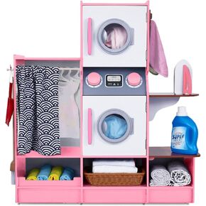 Lil' Jumbl Kids Washer and Dryer Playset, Wooden Children's Pretend Laundry Set, Includes Broom, Dustpan, Iron, Hangers & Basket, Realistic Laundry Room for Kids