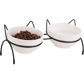 Cat Food Water Bowl Set, Double Ceramic Pet Bowls with 15°Tilted Raised Stand, Elevated Feeding Station with Two Removable Bowls, Raised Cat Bowl, Anti Vomiting Cat Dish Feeder, Cats and Small Dogs