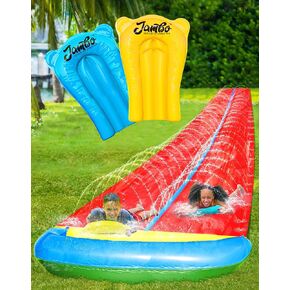 JAMBO 24Ft XL Slip Splash and Slide with Inflatable Crash Pad and 2 Bodyboards, Heavy Duty Lawn Water Slide Summer Water Toy with Sprinkler for Backyard Outdoor Water Fun n Toys for Kids, Splash Mat
