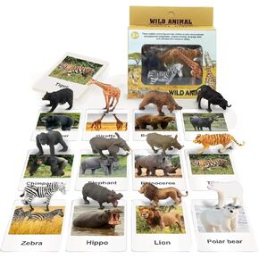 RUSON 12 Safari Animals Figures Toys with 12 Flash Cards, Realistic Mini Jungle Animal Figurines Cake Topper Party Supplies Montessori Animal Matching Game for Toddler Kids