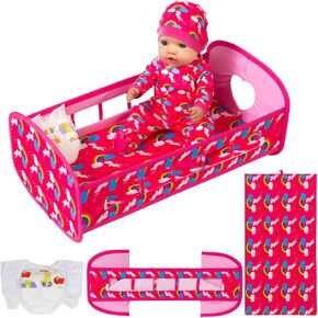 K.T. Fancy 5 PCS Baby Doll Crib 16 Inch Girl Doll Bassinet Bed and Accessories Includes Doll Bed Clothes Rainbow Hat and Diaper Fit for 16-20 Inch Doll