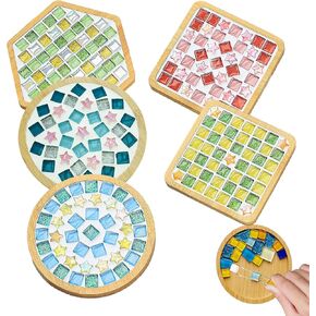 EHR 5 Sets DIY Glass Mosaic Tile Coaster Craft Kit,Colorful Mosaic Set with Bamboo Coasters for Adults,DIY Crafts for Adults