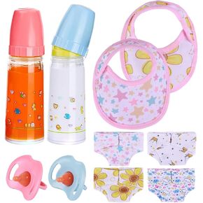 BABESIDE 10 Pcs Baby Doll Diaper Set Include Baby Doll Bottles with Disappearing Milk, Pacifier, Bibs, Diapers, Baby Doll Accessories Set, Pretend Play Feeding Toy for 12-15 Inches Dolls