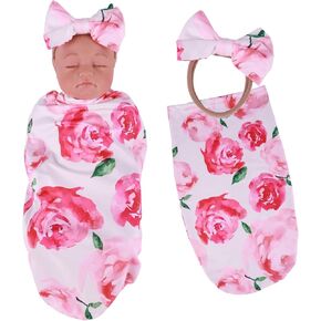 BABESIDE Reborn Baby Doll بطانية مع عصابة رأس دمية لدمى الأطفال مقاس 17-24 بوصة، ملحقات دمية الطفل مجموعة منشفة لف دمية الطفل لفتاة دمى طفل واقعية، نمط الزهور الوردية