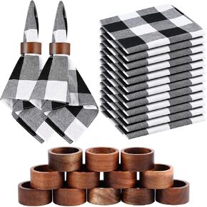 Preboun Christmas Black and White Cloth Napkins Rings Set of 12, 18 x 18 Inch Buffalo Plaid Cloth Napkins Wood Napkin Rings for Xmas Holiday Party Daily Use Dinner Table Decoration