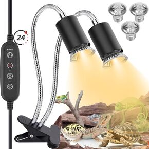 Reptile Heat Lamp,Double-Head Heating Lamp for Reptiles, UVA/B Turtle Lamp with Clamp, Separate Control, Turtle Light,Basking Light for Reptiles Bearded Dragon Turtle Snake, 3 Basking Bulbs.
