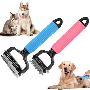 Upgraded Pet Safe Dematting Comb for Dogs Cats,Deshedding Undercoat Rake with Double-Sided Stainless Steel Teeth, Cat Matted Fur Remover,Cat Dematting Tool,Dog Hair Mat Remover(Blue-Large+Pink-Small)