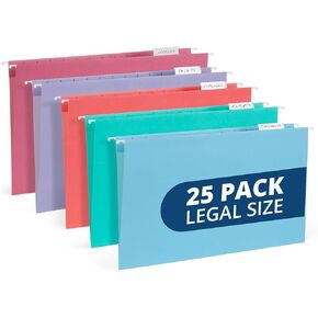 Blue Summit Hanging File Folders for Organization, Legal Size, Assorted Gem Tones – 25 Pack