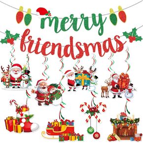 Merry Christmas Banner Christmas Hanging Swirls Decorations Buffalo Plaid Merry Friendsmas Banner Christmas Ceiling Decorations Christmas Office Decorations for Indoor Holiday Party