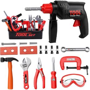 STEAM Life Kids Toddler Tool Set - Toy Tool Set with Electric Toy Drill, Toddler Tool Box, Toy Hammer, Red Manual Drill Tool Play Set - Pretend Play Toy Tools for Kids Ages 3 4 5 6 7 8 Year Old Boy