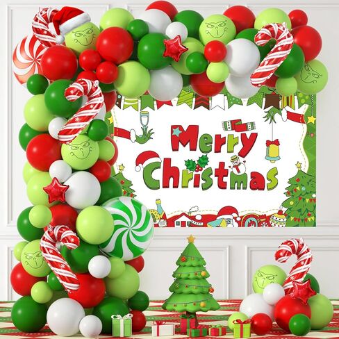 Christmas Balloons Arch Kit with Merry Christmas Backdrop for Xmas Baby Shower Birthday Party Decorations Christmas Balloon Garland Different Sizes with Candy Cane/Red Green Windmill/Red Star Balloons in Saudi Arabia