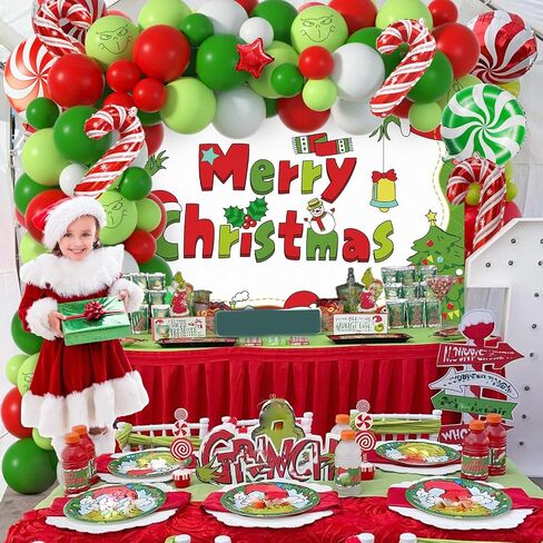 Christmas Balloons Arch Kit with Merry Christmas Backdrop for Xmas Baby Shower Birthday Party Decorations Christmas Balloon Garland Different Sizes with Candy Cane/Red Green Windmill/Red Star Balloons in Saudi Arabia