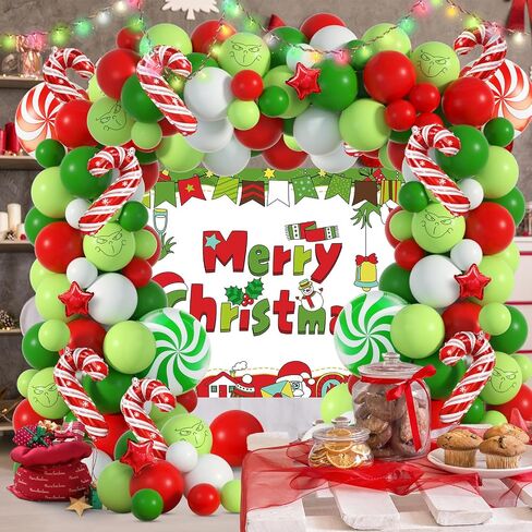 Christmas Balloons Arch Kit with Merry Christmas Backdrop for Xmas Baby Shower Birthday Party Decorations Christmas Balloon Garland Different Sizes with Candy Cane/Red Green Windmill/Red Star Balloons in Saudi Arabia