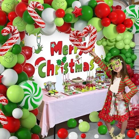 Christmas Balloons Arch Kit with Merry Christmas Backdrop for Xmas Baby Shower Birthday Party Decorations Christmas Balloon Garland Different Sizes with Candy Cane/Red Green Windmill/Red Star Balloons in Saudi Arabia
