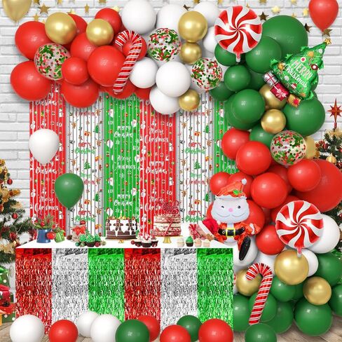 مجموعة بالونات حفلات عيد الميلاد 140 قطعة، بالونات عيد الميلاد المجيد مع تنانير طاولة عيد الميلاد وستائر بهرج من رقائق الفويل لتزيين حفلات الشتاء in Kuwait