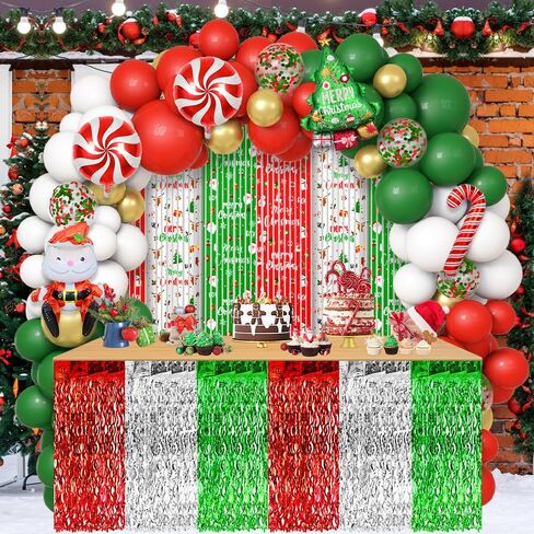 مجموعة بالونات حفلات عيد الميلاد 140 قطعة، بالونات عيد الميلاد المجيد مع تنانير طاولة عيد الميلاد وستائر بهرج من رقائق الفويل لتزيين حفلات الشتاء in Kuwait
