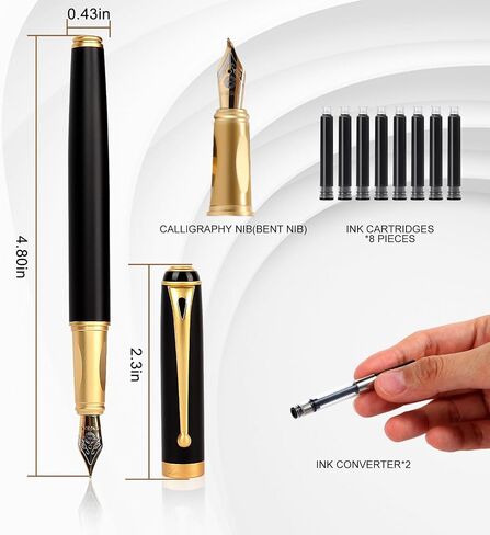 Fountain Pen-Smooth Writing Metal Water Pen with Gift Case Fine Nib Consistent Ink Flow Luxury Pen for Nice Pens Includes a Calligraphy Nib 8 Ink Cartridges and a Converter (Gold) in Saudi Arabia