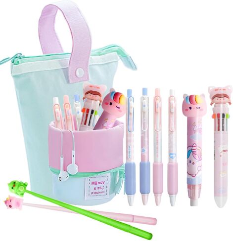 Cute Stationary,Includ Pen Holder,Gel Pen,Ballpoint Pen,Eraser,Sticky Notes,Keychain,Mini Tape Measure for Home office Supplies (Pink) in Saudi Arabia