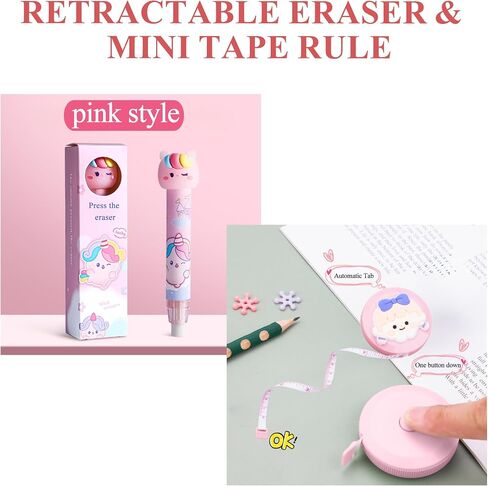 Cute Stationary,Includ Pen Holder,Gel Pen,Ballpoint Pen,Eraser,Sticky Notes,Keychain,Mini Tape Measure for Home office Supplies (Pink) in Saudi Arabia