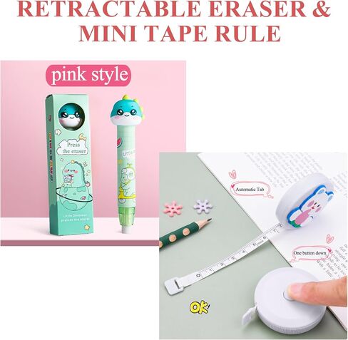 Cute Stationary,Includ Pen Holder,Gel Pen,Ballpoint Pen,Eraser,Sticky Notes,Keychain,Mini Tape Measure for Home office Supplies (Pink) in Saudi Arabia
