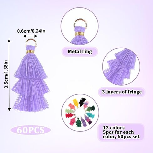 60 Pcs Tiny Tassels for Jewelry Making Tri Layered Tassels 1.38 Inch Small Keychain Tassels Charms for Craft Colorful Key Chain Charm Tassels with Jump Ring for Bookmark Earring Bag Pendant in Saudi Arabia