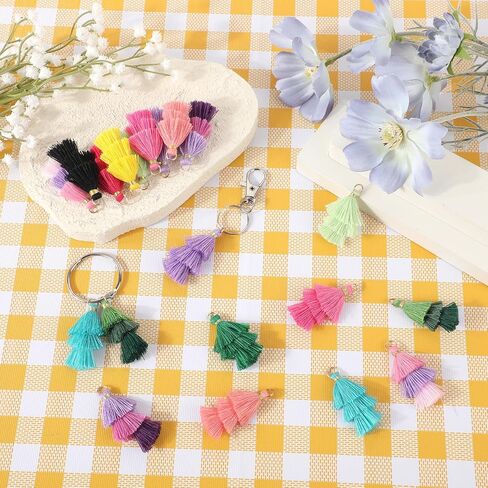 60 Pcs Tiny Tassels for Jewelry Making Tri Layered Tassels 1.38 Inch Small Keychain Tassels Charms for Craft Colorful Key Chain Charm Tassels with Jump Ring for Bookmark Earring Bag Pendant in Saudi Arabia