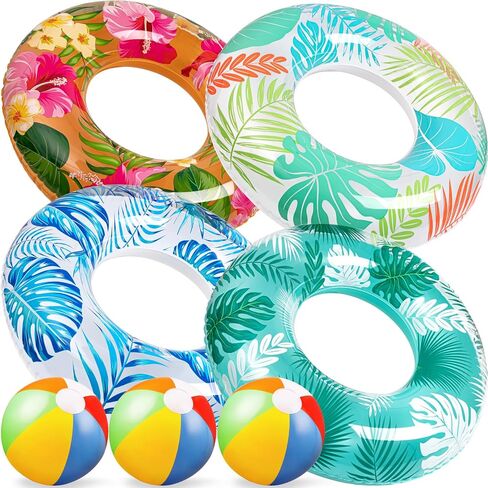 90shine 7PCS Luau Pool Floats: Hawaiian Swimming Rings with 13.5" Beach Balls - Inflatable Tubes Floaties Toys for Kids Adults in Saudi Arabia