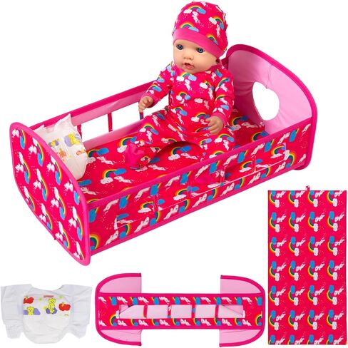 K.T. Fancy 5 PCS Baby Doll Crib 16 Inch Girl Doll Bassinet Bed and Accessories Includes Doll Bed Clothes Rainbow Hat and Diaper Fit for 16-20 Inch Doll in Saudi Arabia