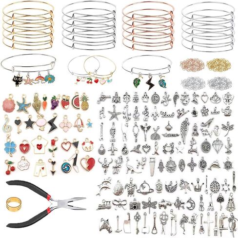 Bangle Bracelets Making Kit 317 Pcs Charm Bracelet Making Kit with Expandable Bangles, Colorful Charms, Jump Rings and Pliers for for DIY Jewelry Crafting in Saudi Arabia