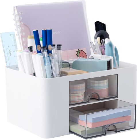 Meikuler White Desk Organizer with Drawer, Desk Organizers and Accessories with Pencil Holder and Storage Box Caddy for Office, Home, Art Supplies (Style 01) in Saudi Arabia