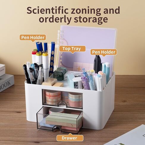 Meikuler White Desk Organizer with Drawer, Desk Organizers and Accessories with Pencil Holder and Storage Box Caddy for Office, Home, Art Supplies (Style 01) in Saudi Arabia