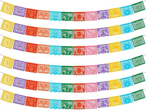 6 Packs Mexican Banners 132 Ft(22ft x 6) Papel Picado Banner, Large Plastic Mexican Fiesta Banners Cinco de Mayo Party Fiesta Decorations Mexican Themed Birthday Party Supplies 12 Patterns with String in Saudi Arabia