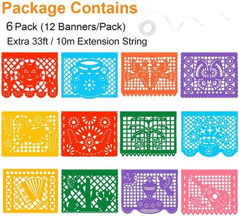 6 Packs Mexican Banners 132 Ft(22ft x 6) Papel Picado Banner, Large Plastic Mexican Fiesta Banners Cinco de Mayo Party Fiesta Decorations Mexican Themed Birthday Party Supplies 12 Patterns with String in Saudi Arabia