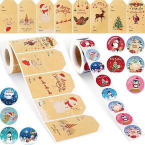 MARFOREVER 800 Pcs Merry Christmas Gift Tags Stickers Self-Adhesive, Christmas Kraft Stickers Roll 15 Designs Xmas to from Name Tags Holiday Labels Stickers for Cards Envelopes Bags Boxes Gifts