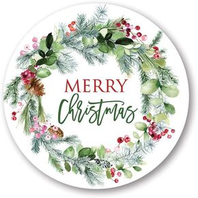 2" Round Greenery Wreath Merry Christmas Stickers (40 Labels)