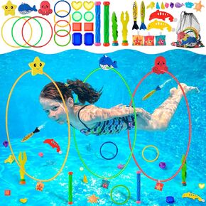 Pool Rings Diving Toys - 38pcs Swimming Thru Pool Diving Game Toys,Pool Toys or Kids Ages 4-8-12,with Diving Rings,Diving Gems, Dive Sticks,Pool Torpedo,Including Storage Mesh Bags, Etc.
