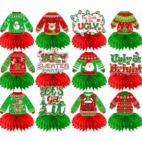 Ugly Christmas Sweater Party Decorations Honecomb Centerpieces,12Pcs Ugly Sweater Party Table Decorations, 3D Ugly Sweater Decorations Table Centerpieces for Tacky Sweater Party Decorations