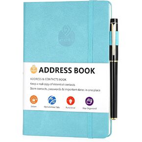 Address Book with Alphabetical Tabs A to Z Index, PU Leather Address Book with Pen, Hardback Address Organizer for Keeping Contacts Safe (Red)