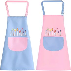 2 Pack Children's Apron, Pink and Blue Cute Kids Apron, Adjustable Waterproof Apron with Big Pocket, Girls Boys Bib Aprons for Painting Crafting Cooking Baking