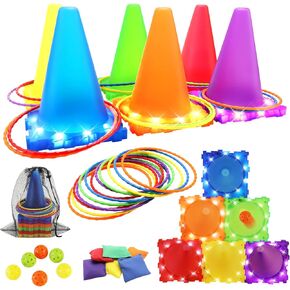 VATOS Light Up Carnival Game Toys for Kids - 3 in 1 Ball & Ring & Bean Bag Cones Toss Game Play Set, Multiple Throwing Target Models, Outdoor Family Yard Party Gmaes for Kids Gift Birthday Xmas