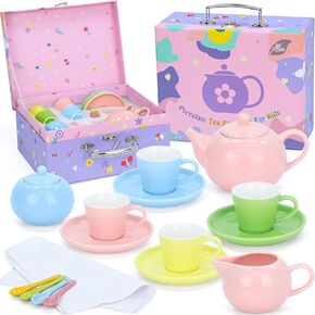 Porcelain Tea Party Set for Girls, PRE-WORLD Princess Tea Time Toy Including Teapot,Saucers,Teacups,Sugar Bowl,Creamer Pitcher,Spoons & Tablecloth, Kids Kitchen Pretend Play Toys Gift for Girls