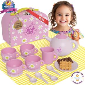 Silicone Kids Tea Set for Kids - 18 Pcs - Food Grade Silicone Kids Tea Set for Toddlers 3-5 - Gift Ready Storage Case and Picnic Cloth - Dishwasher Safe - BPA Free - Toddler Tea Set - Development Play