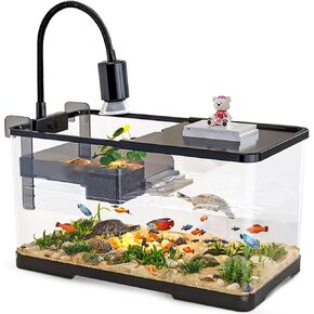 (Tank + Light + Filter + Filter Balls) Turtle Tank Kit, Turtle Tank Starter Kit,Bottom Drainage, Multi-Function Areas for Turtles, Crabs,Fishes, Amphibians,Reptiles. (21.65 × 12.28 × 12.28 Inch)