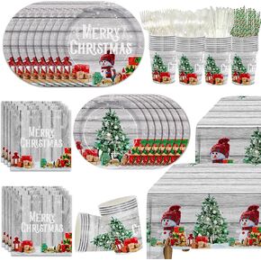 195pcs Christmas Party Supplies Snowman Merry Christmas Paper Plates Napkins Tablecloth Christmas Tree Disposable Tableware Set for Xmas Party Decorations Serves 24
