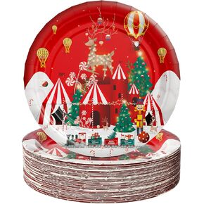 AFZMON 50 Pack Christmas Party Plates Dessert Paper Dinnerware Plates, 7 Inch Red Reindeer Castle Theme Disposable Round Plate for Xmas Holiday Party Supplies