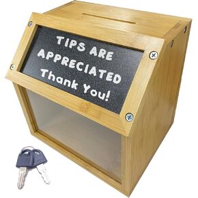 Bamboo Tip Jar and Suggestion Box with Chalkboard, Chalk, Locking Latch, and Clear Viewing Window