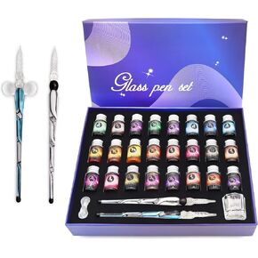 Glass Dipped Pen Ink Set Handmade Crystal Calligraphy Pen with 24Colorful India Ink for Art, Signatures, Drawing, Decoration, Caligraphy Kits for Beginners