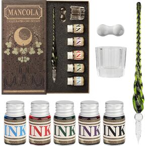 Glass Dipped Pen Ink Set Handmade Crystal Calligraphy Pen with 5 Colorful India Ink,1 Pen Holder,1 Cleaning Cup Ink Drip Tool Signatures, Drawing, Decoration, Calligraphy Kits for Beginners