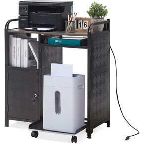 Large Printer Stand with Storage Printer Table with Socket and USB Charging Port for Home Office, Printer Cabinet with Paper Shredder Stand, Desk for Printer Stand Table, PC Tower Stand with Wheels